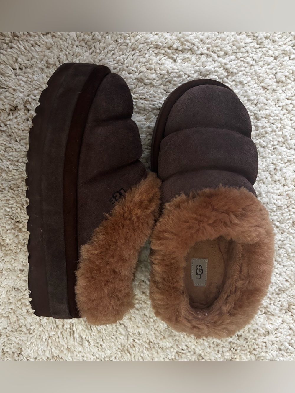 UGG Brown Suede Platform Sheepskin Slippers
